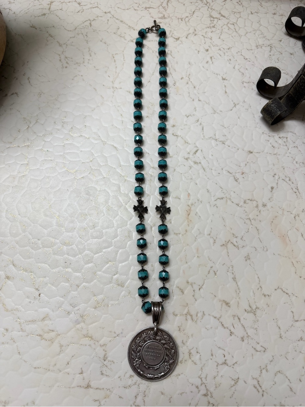 Turquoise Beaded Medal Pendant Necklace - Women Jewelry